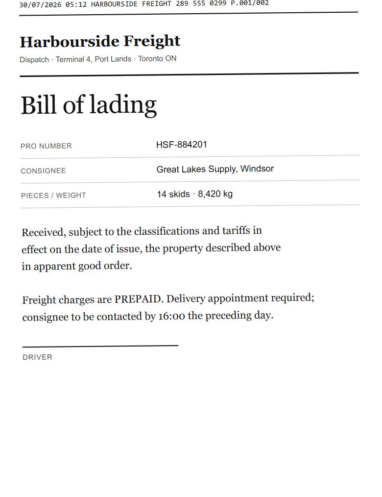 A bill of lading, as it arrives