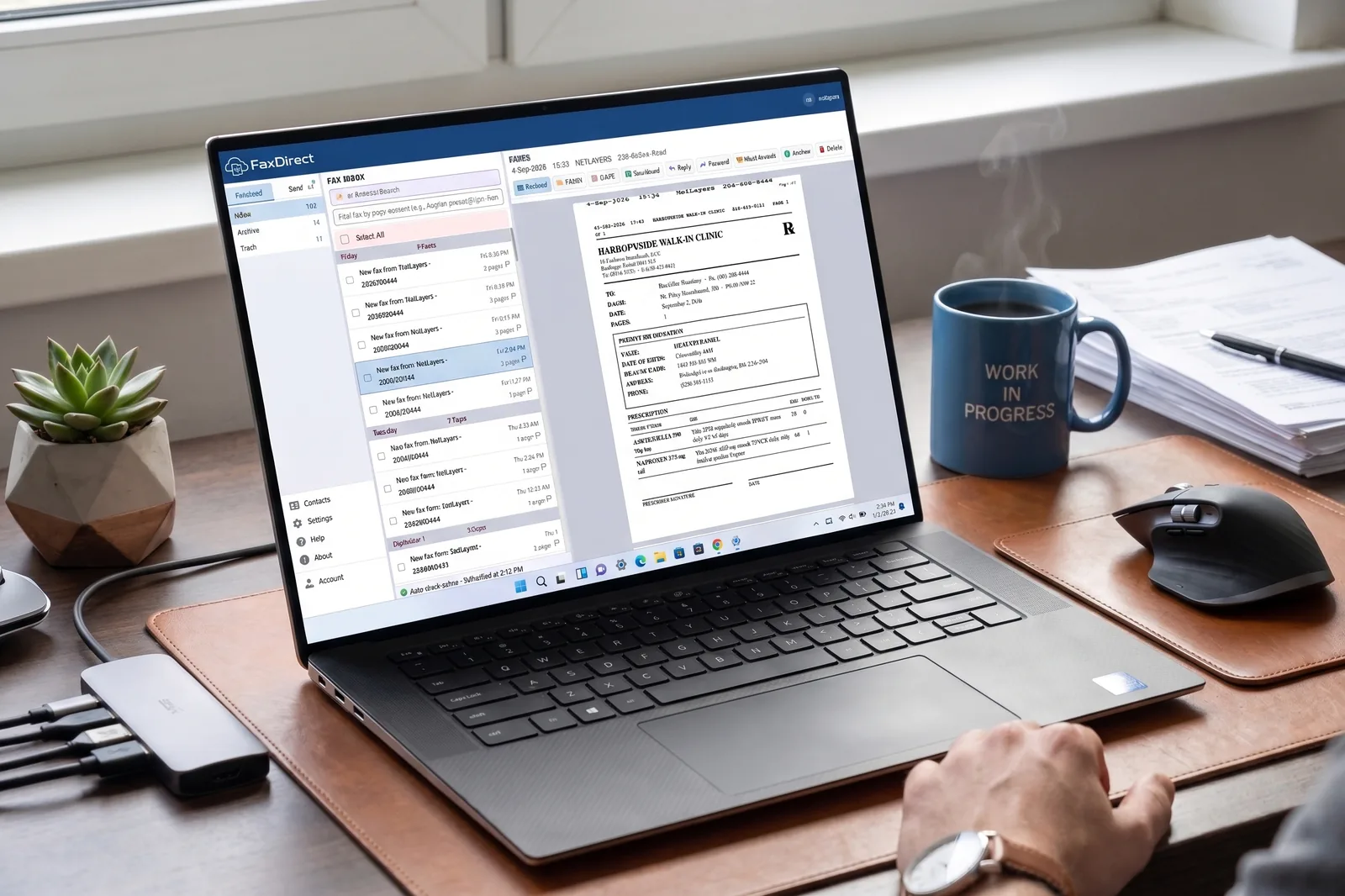 The FaxDirect desktop app open on a Windows laptop, with folders, the day's faxes and the open fax side by side