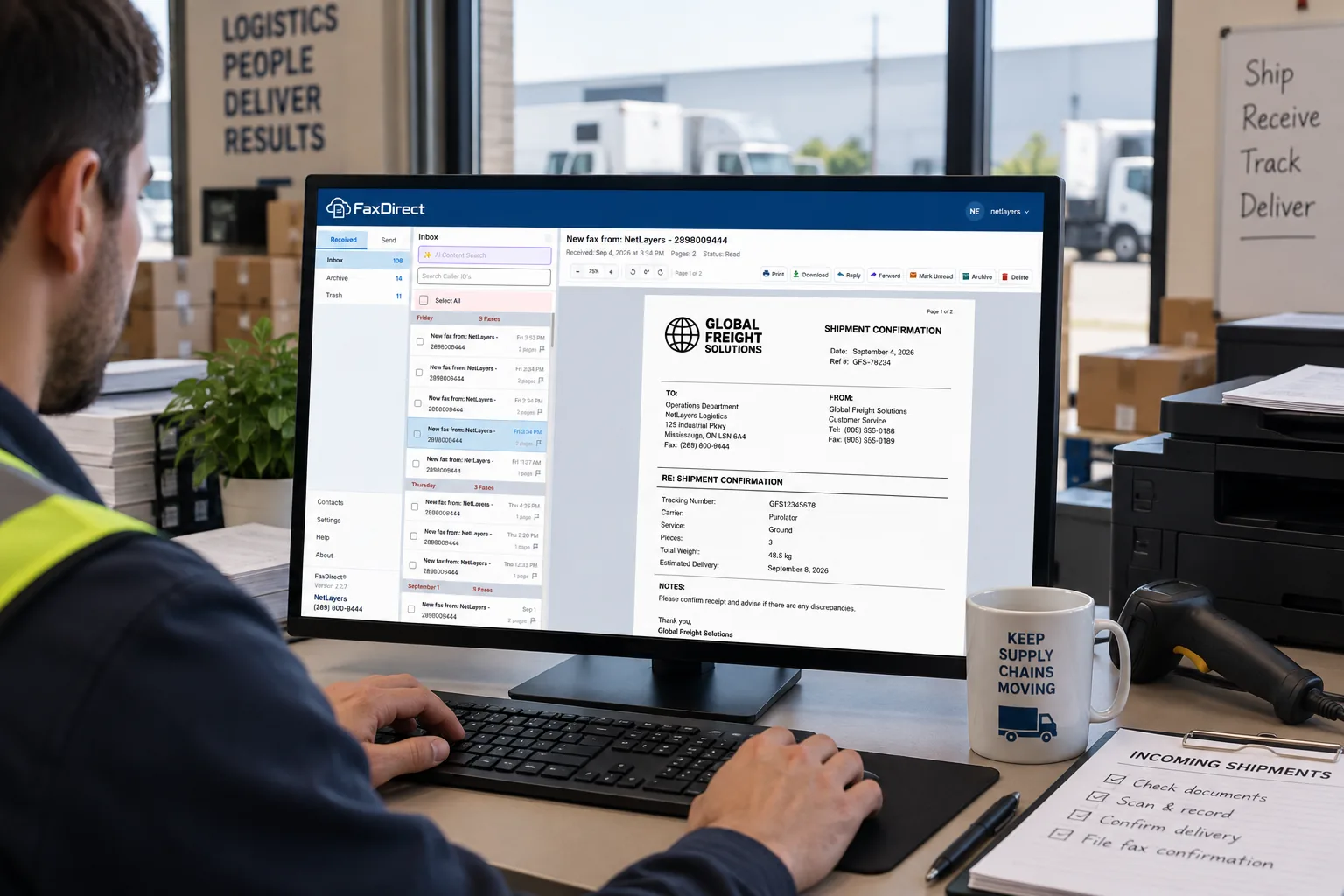 A warehouse operations clerk reading a shipment confirmation in FaxDirect, the loading dock behind him.
