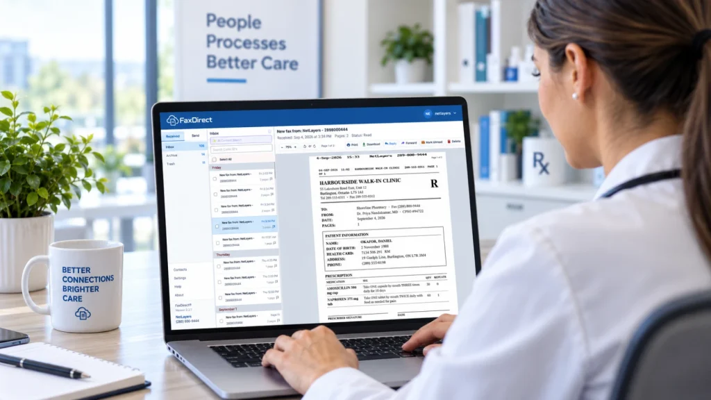 Healthcare professional reviewing a prescription fax in FaxDirect on a laptop.