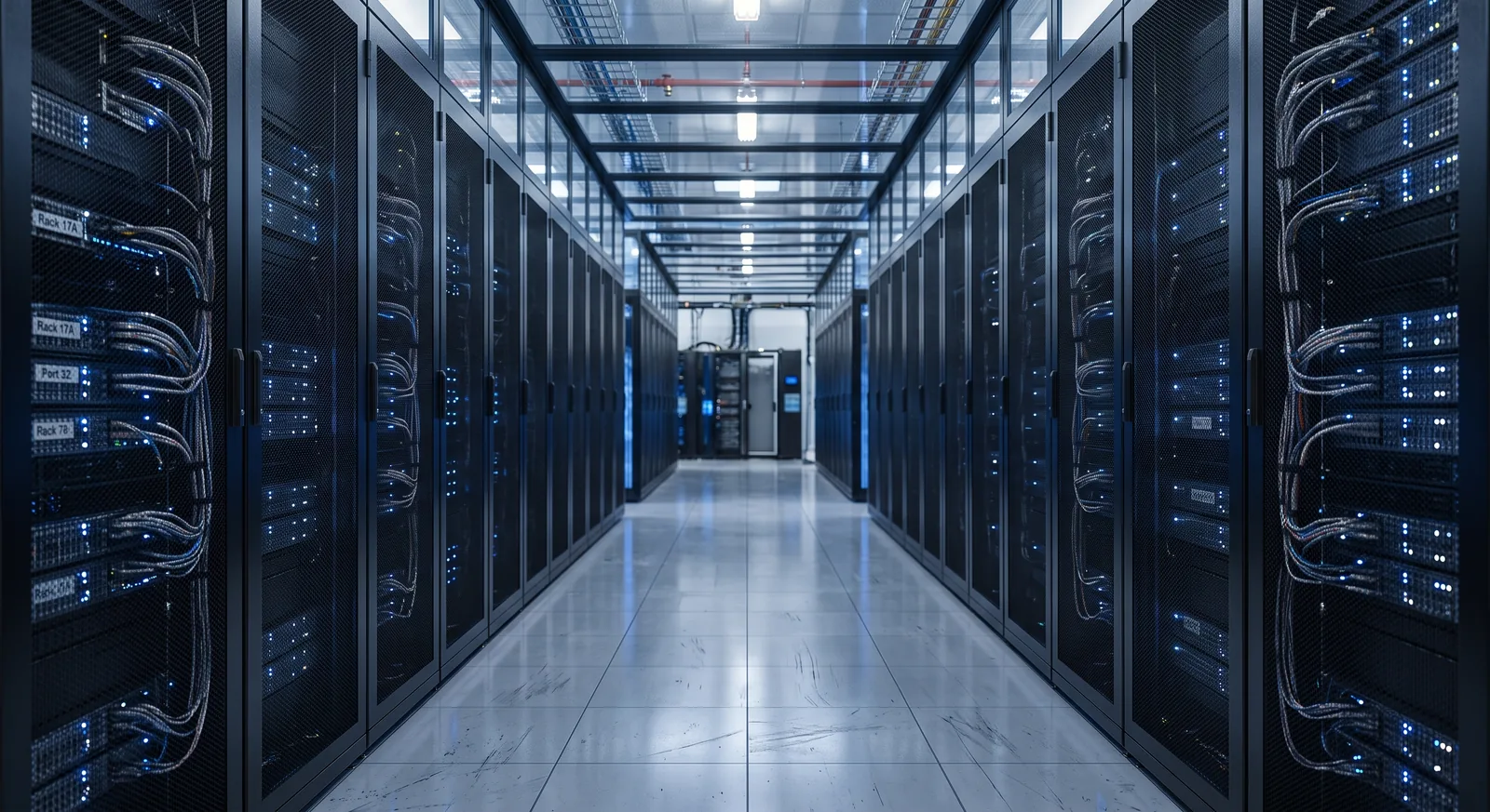A cold aisle between rows of server racks in a data centre