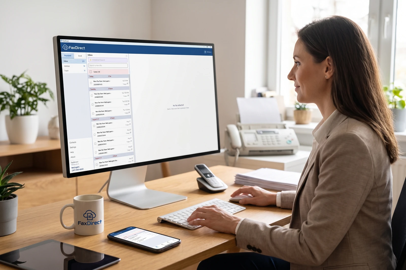 A claims officer reviewing a received document in FaxDirect at her desk.