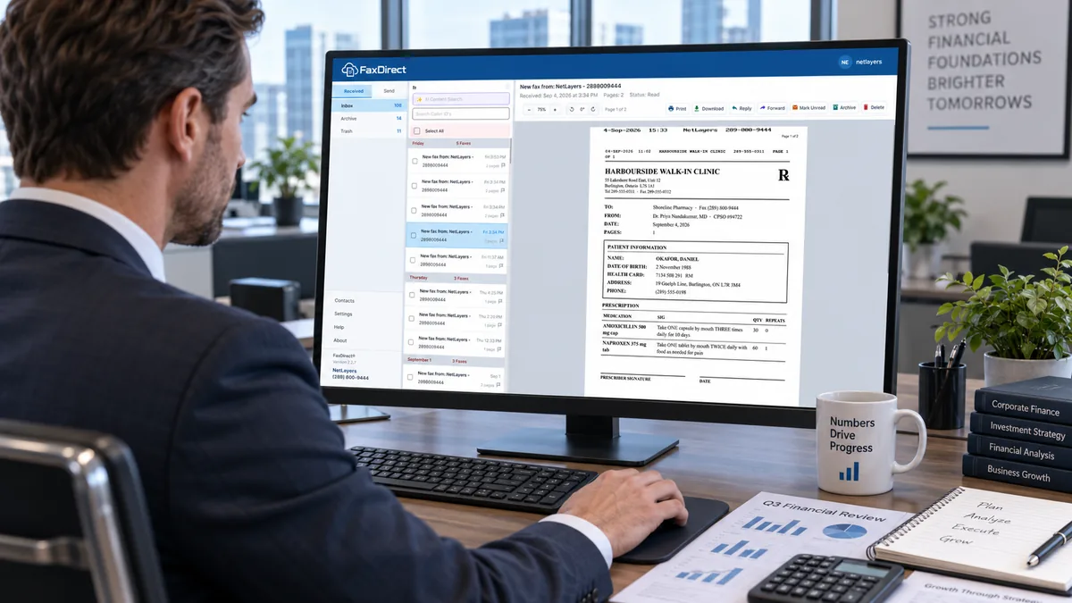 A manager at a two-monitor desk in an open-plan office, reading a received fax in the FaxDirect app