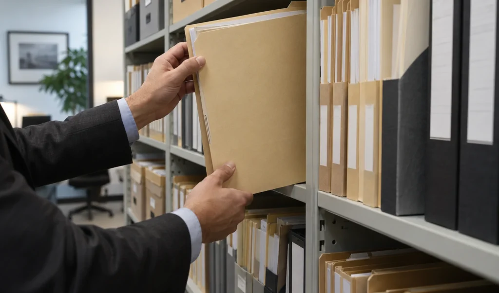 A lawyer pulling a matter file from a law firm archive shelf.