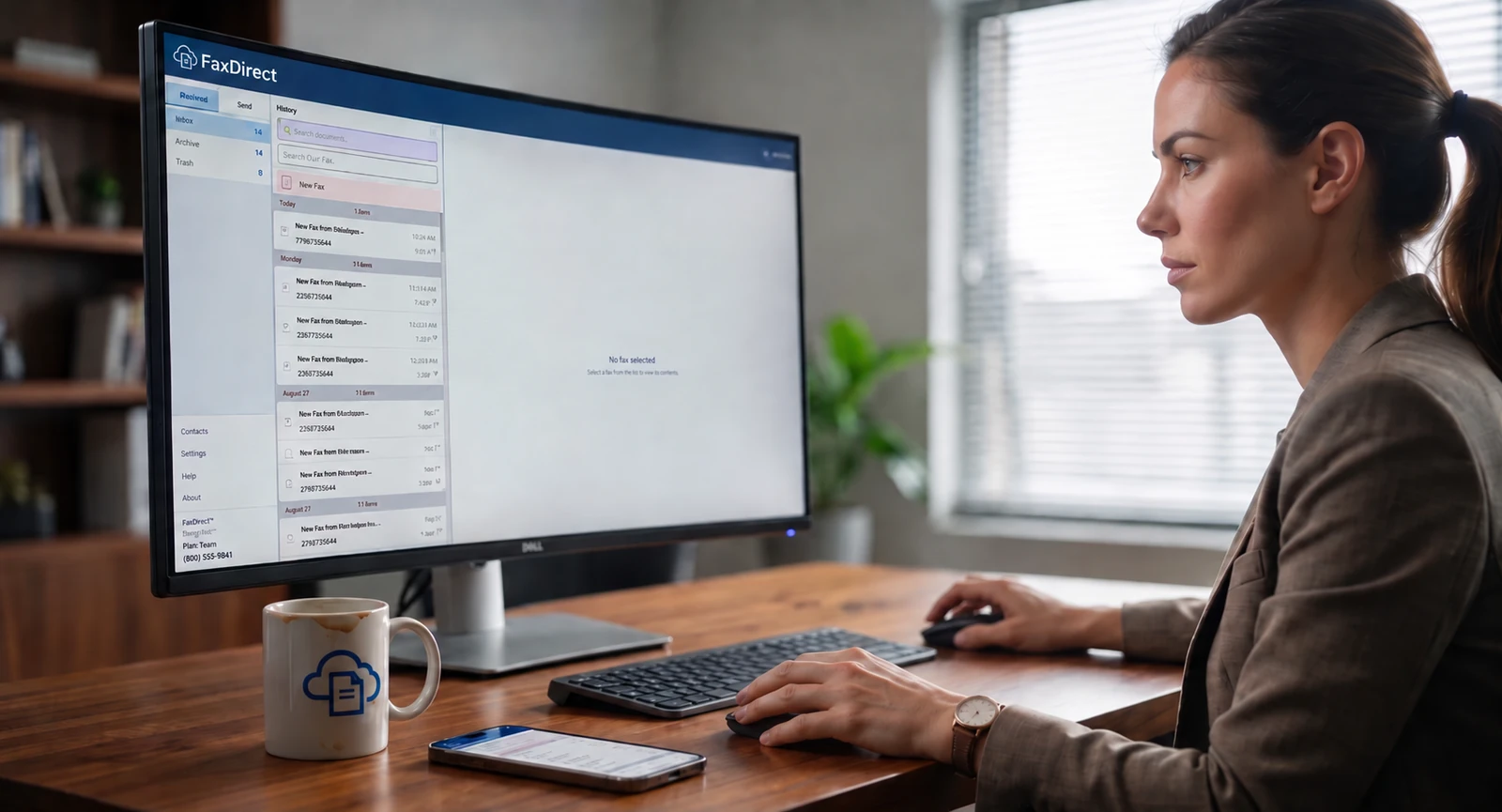 A lawyer reviewing received client faxes in FaxDirect on a widescreen monitor at her desk.