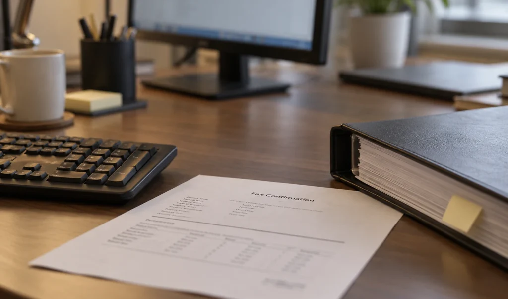 A printed fax confirmation on a desk beside a keyboard and a bound case binder.