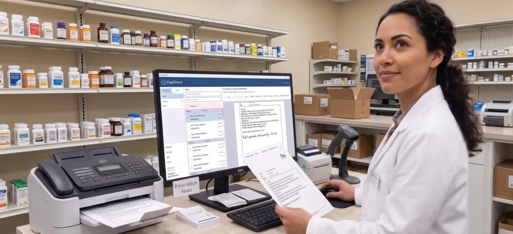 Pharmacist reviewing a prescription beside the FaxDirect desktop app and a fax machine.