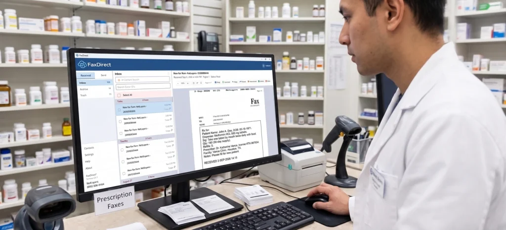 Pharmacy team member reviewing received faxes in the FaxDirect desktop app.