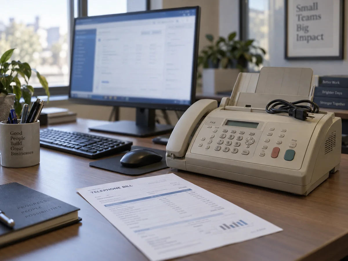 A retired office fax machine with its power cable unplugged and coiled on top, beside a monitor and a telephone bill on a desk