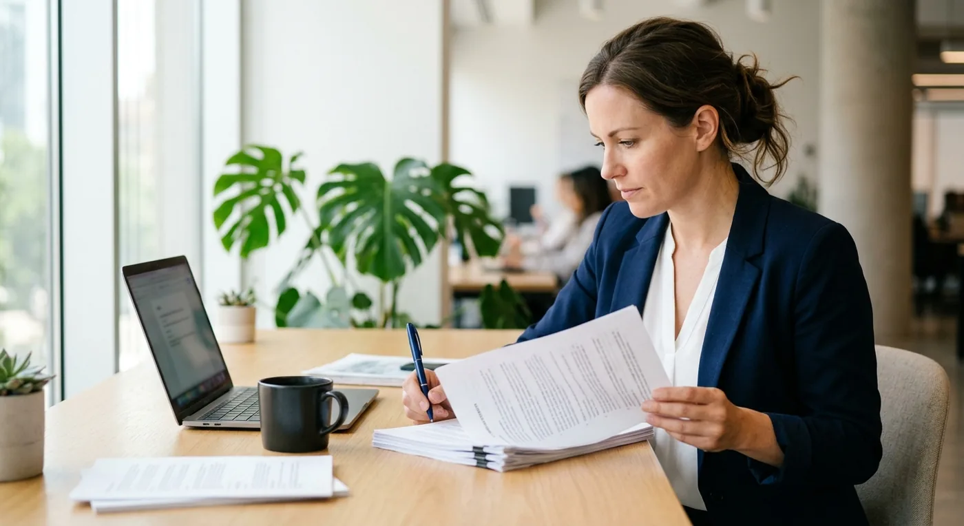A reviewer at a desk working through a printed agreement, pen in hand