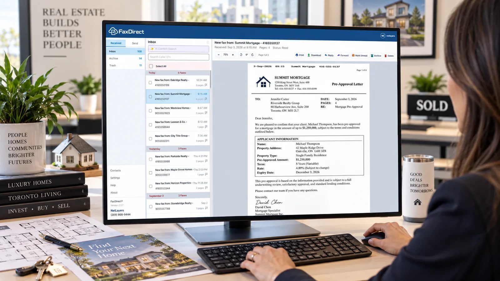 A real-estate agent reading a mortgage pre-approval letter that has just arrived in the FaxDirect desktop app