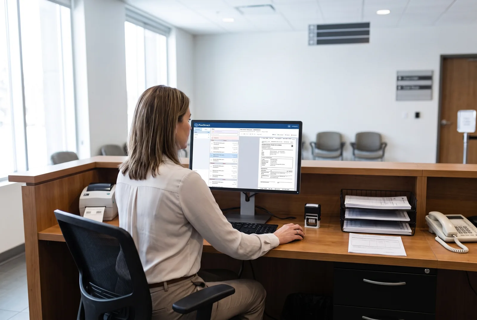 A municipal clerk reading a received fax in FaxDirect at the service counter.