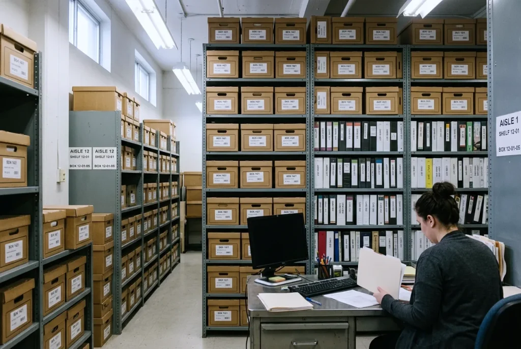 A records officer searching stored documents at a desk.