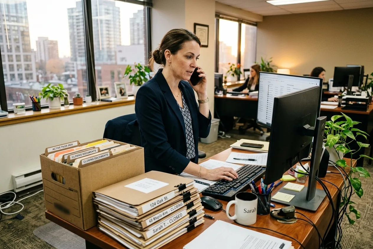 A brokerage administrator on the phone at her desk, working through received documents in FaxDirect.