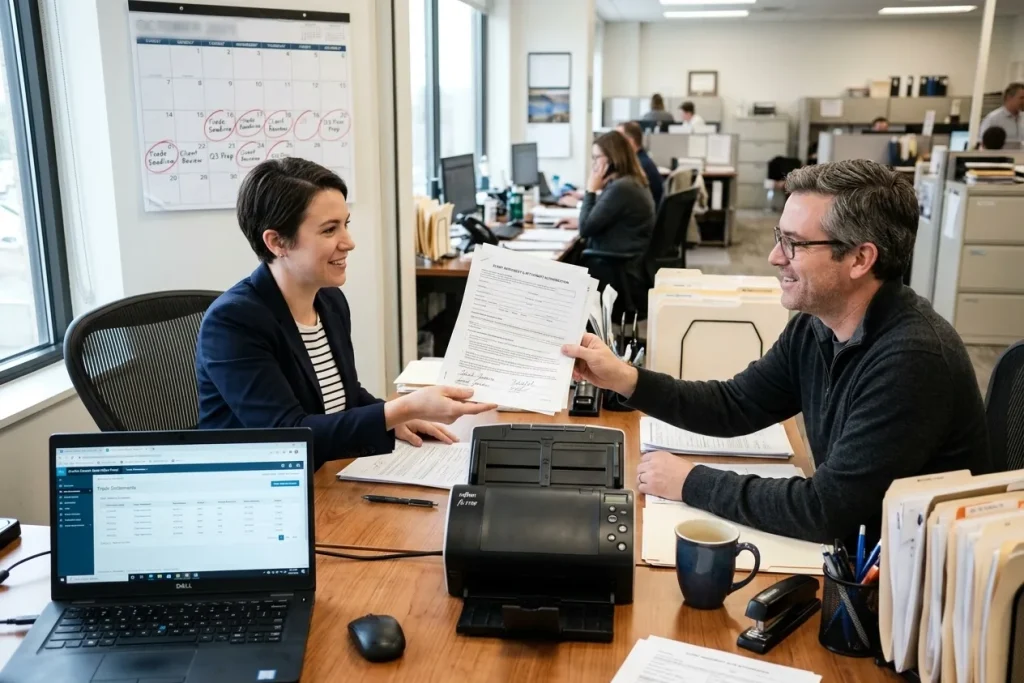 Two colleagues at a shared desk passing a signed form across, a document scanner between them.