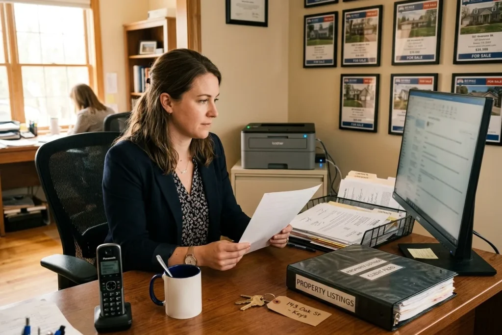 A real-estate agent at her desk reading a printed document, property listings framed on the wall behind her.