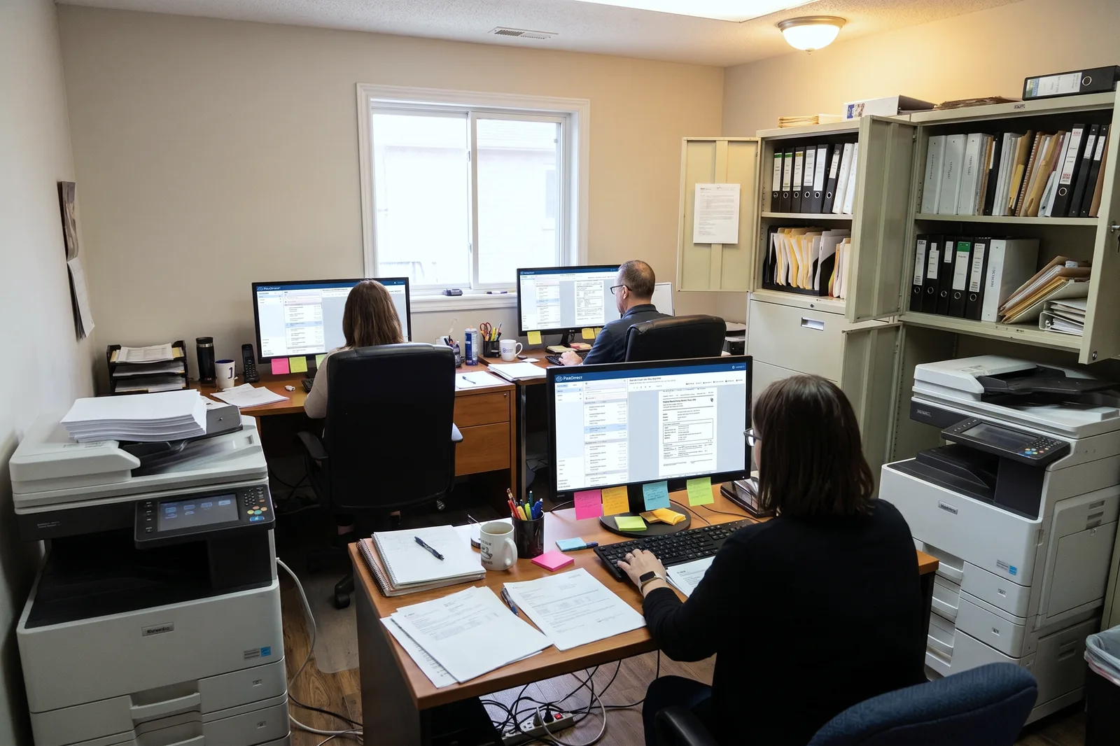 Three people in a small back office, each working in the FaxDirect desktop app, with two office copiers and filing cabinets around them